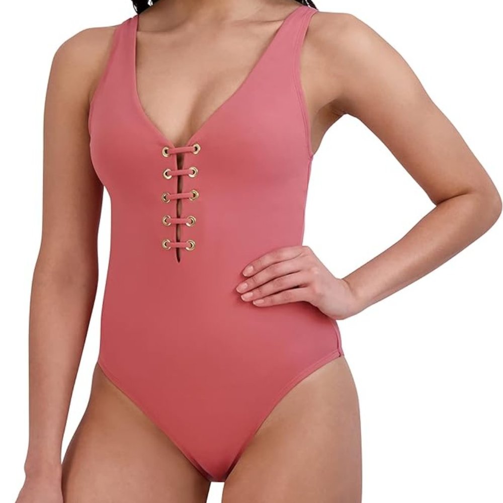 NWT BCBGMAXAZRIA One Piece Lace Up Grommet Tummy Control Swim Suit
